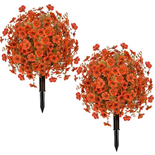ICX 2 PCS Artificial Boxwood Topiary Ball Trees, 23.6" Outdoors Fake UV Resistant Plants with Fall Camellia Flowers Faux Eucalyptus Shrubs Bushes for Porch Patio Garden-Orange - color: Fall Orange