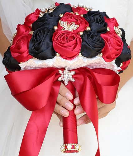 Sharebeauty 9.4" Handmade Satin Rose Bridal Bouquet Toss Round Wedding Bouquet Throw Toss Artificial Flower Bunch Ruby Red + Black - color: 809a Ruby Red/Black, size: 9.4"/24cm