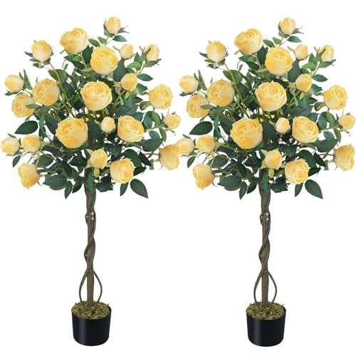 HUAESIN 4FT Artificial Outdoor Trees Rose Tree with 52 Blooming Artificial Flower Yellow Floral Tree for Home Decor Indoor Farmhouse Front Porch Yard Living Room Set of 2