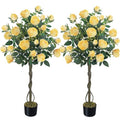 HUAESIN 4FT Artificial Outdoor Trees Rose Tree with 52 Blooming Artificial Flower Yellow Floral Tree for Home Decor Indoor Farmhouse Front Porch Yard Living Room Set of 2