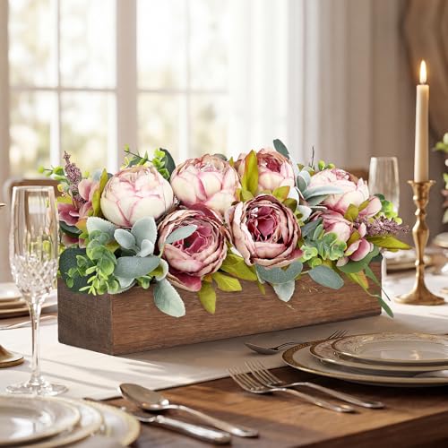 Pre-Made Flower Table Centerpieces for Dining Room Wedding Artificial Peony Table Decorations Wood Tray with Fake Flowers for Living Room Party Bar Kitchen Table(Vintage Pink) - color: Vintage Pink