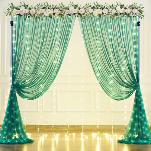 Hunter Green Tulle Backdrop Curtains with Lights String for Parites 10x8ft Sheer Backdrop Curtains Drapes for Birthday Party Bridal Shower Baby Shower Photo Booth Background Decorations - color: Hunter Green, size: 10 ft X 8 ft(2 Panels 5ft X 8ft)