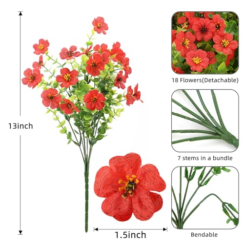 24 Bundles Artificial Flowers for Outdoors, UV Resistant Faux Flowers for Outdoor Planters, Fake Flowers for Outside Porch Patio Window Box, Mixed Color Daisy Bushes for Garden Decor(Red) - color: Red