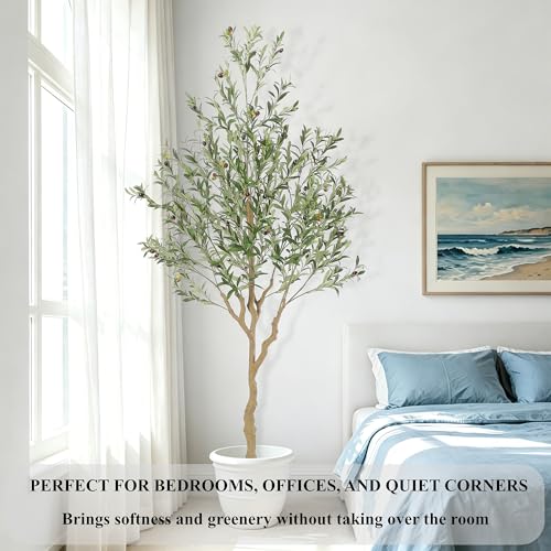 Nafresh Tall Faux Olive Tree，7ft（84in） Realistic Potted Silk Artificial Indoor with Green Leaves and Big Fruits for Home Office Living Room Bedroom Stairs Foyer Decor. - size: 7ft