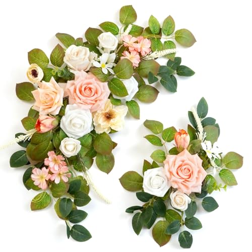 Wedding Decor (Pack of 2) Welcome Sign Flower Backdrop Garland for Ceremony Reception Wall Easel Home Decoration Entryway Faux Outdoor Board Head Table Decor (Flesh Pink & White) - color: Flesh Pink & White