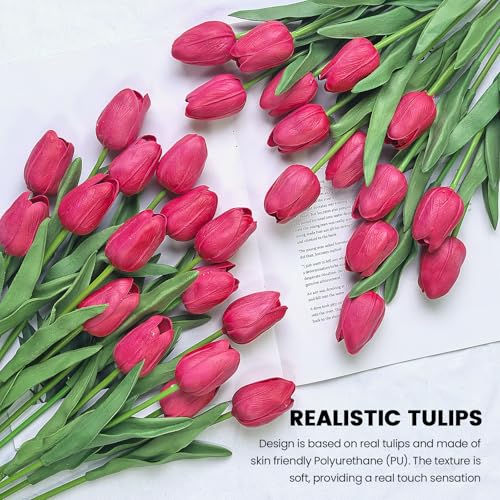 30 PCS Artificial Tulips Real Touch Tulips 13.5inch Long Stem Fake Flowers Silk Flowers for Spring Easter Mother's Day Decorations (Rose-red) - color: Rose-red