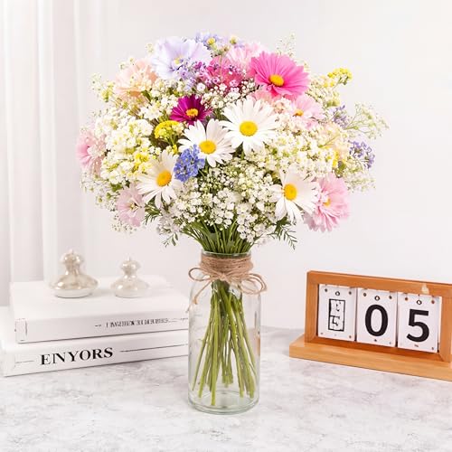 Giegxin Wildflower Wedding Bouquet for Bride Bridesmaid Spring Artificial Wildflowers Bridal Bouquet Fake Daisy Sunflower Boho Silk Floral for Wedding Arrangements Home Vase Centerpieces Outdoor Decor