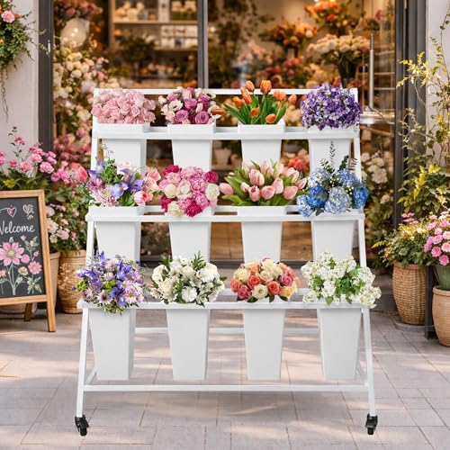 PROLEE Flower Display Stand with 12 Buckets, Flower Cart 3 Layers, Flower Stand Metal with Wheels, Moving Florist Bouquet Shelf, Triangular Rack, White - color: White