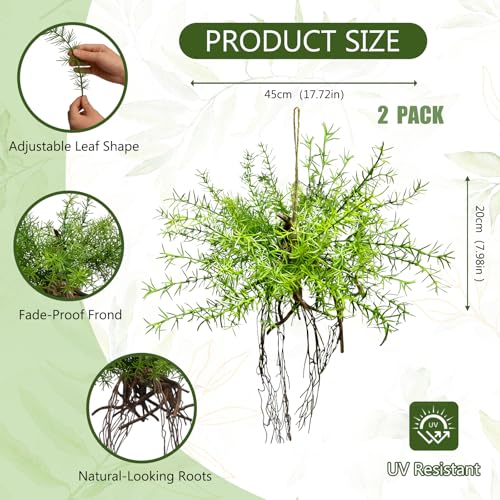Hrobek 2 Pack Ferns Artificial Hanging Plants for Outdoor Fake Faux Fern Plants with Roots, UV Resistant Greenery Plants for Indoor Home Patio Porch Decor - color: Asparagus