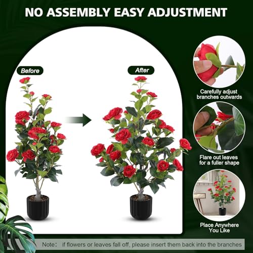 Hananona 2 Pcs Artificial Camellia Trees Faux Camellia Plant in Pot with Flowers Indoor Plants for Spring Home Decor Outdoor Porch Front Door Decor (Red, M) - color: Red