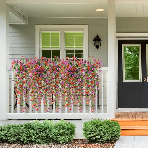 Hommyea Artificial Hanging Flowers for Outdoors, 2 Pcs Fake Hanging Plant Spring Summer Decor, UV Resistant No Fade Faux Silk Daisy Flower for Planter Front Door Porch Patio Yard Garden(Red Purple) - color: Purple Red