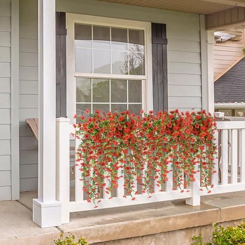 Hommyea Fake Artificial Hanging Flowers for Outdoors, 2 Pcs Fake Hanging Plant Spring Summer Decor, UV Resistant No Fade Faux Silk Daisy Flower for Front Door Porch Planter Patio Yard Garden(Red) - color: Red
