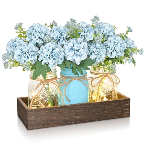 BLEUM CADE Centerpiece Table Decorations - Mason Jar Lights Centerpiece for Kitchen Dining Table Farmhouse Coffee Table Wedding Home Decor with 3 Jars Hydrangea Artificial Flowers & Wood Tray - color: Blue-hydrangea