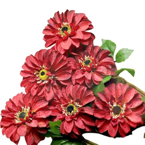 Artificial Chrysanthemums, Daisy Silk Flowers 6 Stems, Aster & Zinnia-Like Large Blooms in Gradient Colors, 24.8" Long Faux Marguerite for Indoor Outdoor Home Decor(Wine red) - color: Wine Red