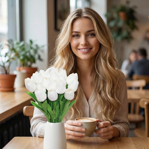 20 Stems Artificial Tulips Pure White PU Fake Flowers Fake Tulips for Valentine's Day Wedding Home Spring Decor