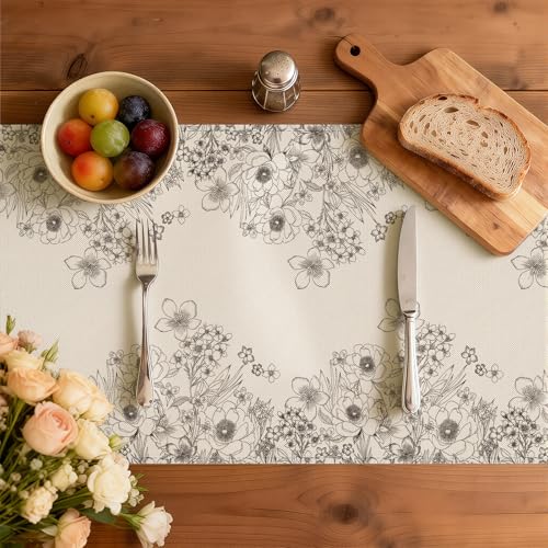 Larponder Summer Colorful Flowers Table Runner, 13x72 Inch | Table Decoration for Spring Seasonal Anniversary Holiday Kitchen Dinning Table Home Party Decor - color: Sketch Flowers-1, size: 13" x 72" (Rectangular)