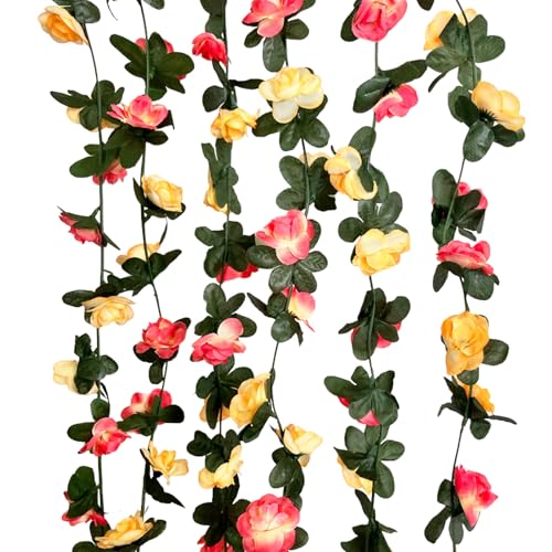 8Pcs 63Ft Pink Yellow Rose Garland, Fake Flower Vines, Artificial Vine Flowers, Rose Hanging Garland for Party Wedding, Garden, Room Table, Christmas, Backdrop Wall Arch Decor - color: Pink Yellow, size: 8Pcs-63Ft