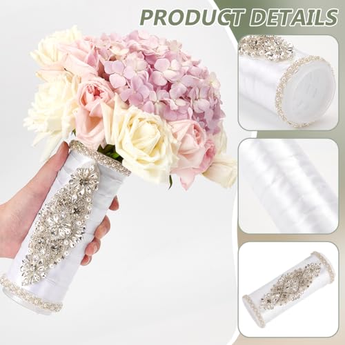BENECREAT Bouquet Holder, 2 Inch Champagne Royal Satin Wedding Bridal Bouquet Handle Set with Rhinestones, Fresh Flower Artificial Flower Bouquet Holder, Cylinder Bouquet Decor