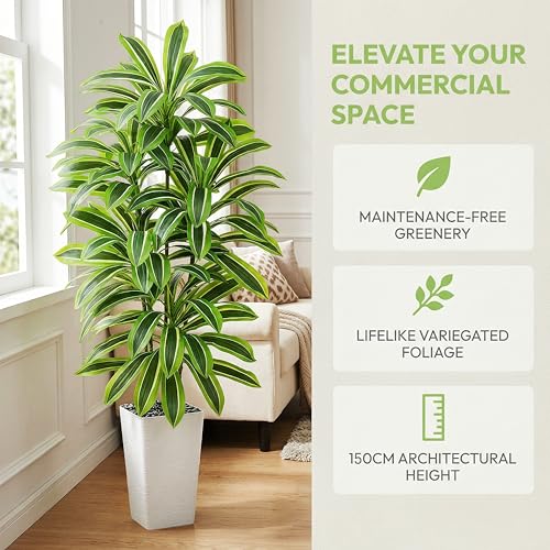 Artificial Dracaena Tree：5FT Faux Silk Tropical Yucca Floor Trees Realistic Fake Green Plant with Natural Wood Trunk & Lifelike Leaves for Home Office Decor Indoor & Outdoor (5FT,1-Pack,White) - color: Light Green – White Pot, size: 5FT