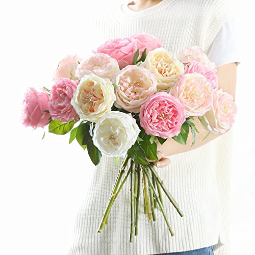 UKELER Red Roses 4 Pcs Real Touch Artificial Flowers Austin Rose Peony with Stem for Wedding Party Decoration Flower Arrangement - color: Red
