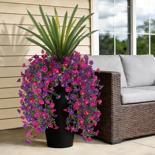 3 Bundles Fake Artificial Morning Glory Flowers for Outdoors, 1 Bundles Faux Greenery Plants UV Resistant Weatherproof for Indoor Outdoor Garden Patio Window Box Home Decor - color: Dark Purple,light Purple