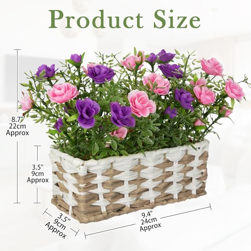 Artificial Rose Flowers with Woven Basket, Faux Blooming Roses in Fake Rattan Planter for Table Centerpiece, Romantic Floral Arrangement for Home Kitchen Entryway Spring Party Decor, Pink & Purple - color: Soft Pink & Purple