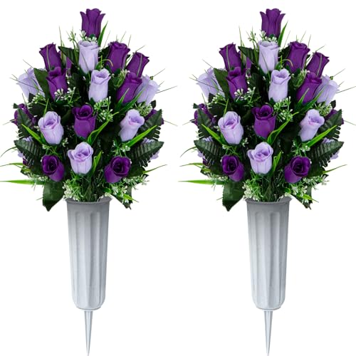 Artificial Cemetery Flowers - Set of 2 Grave Memorial Rose Flowers with Vase for Cemetery Headstones Gravesites Decoration (Dark Purple&Light Purple) - color: Dark Purple&light Purple