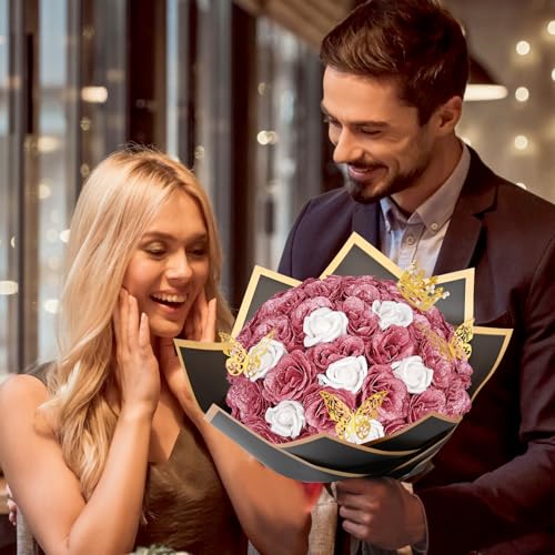 36+20 Glitter Roses Bouquet, DIY Fake Flowers Bouquet, Craft The Initials of Your Loves' Name with Artificial Rose for Valentines, Anniversary, Wedding, Rose Gold & White - color: Rose Gold & White