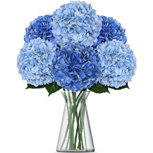 8pcs Hydrangea Artificial Flowers 21" Blue Silk Fake Flower Bouquets Faux Latex Hydrangea with Stems for Home Table Centerpieces Wedding Party Baby Shower Decoration - color: Dark Blue, Light Blue
