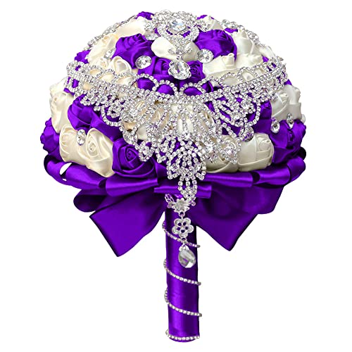 Sharebeauty 9.4 Inch Handmade Satin Rose Bridal Bouquet Toss Round Wedding Bouquet Throw Toss Artificial Flower Bunch Purple + Ivory - color: W28717 Purple/Ivory, size: 9.4"/24cm