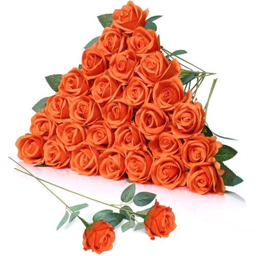30pcs Fake Roses Artificial Silk Flowers Long Stems Bouquet for Wedding Bridal Shower Party Home Decoration (Orange) - color: Orange