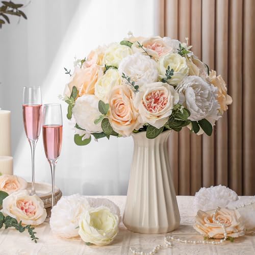 Suncalla 98 Pcs Artificial Flowers Bouquet Assorted Faux Flowers Heads with Stem Eucalyptus Leaves Silk Floral Table Centerpiece for DIY Wedding Party Wreath Home Decor(Champagne Color) - color: Champagne Color