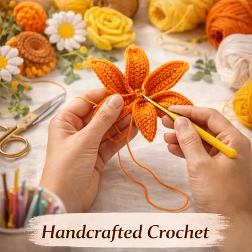 Handmade Crochet Flower Bouquet, Pink Rose & Carnation Knitted Flowers, Gift For Girlfriend, Birthday, Anniversary, Mother’s Day, Wedding Or Graduation (Includes Card) (Orange) - color: Orange
