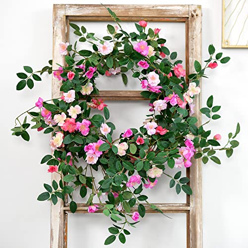 FiveSeasonStuff Fuchsia Pink Wild Rose Vine Garland, Two Faux Silk Floral Garlands with Greenery, Bendable Decorative Vines 12 ft Total - color: Fuchsia Pink