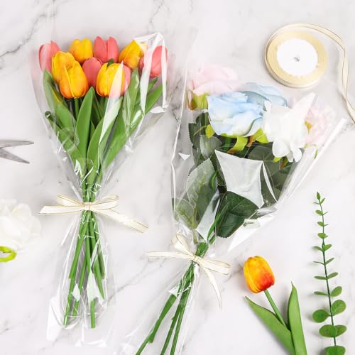 DIYASY 50 Pcs Flower Wrapping Bags for Bouquets, Clear Floral Packing Sleeves with Ribbons Florist Wrap Supplies for Wedding Mother's Day Graduation Gift - color: Clear