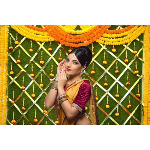 5x3ft India Pooja Photography Backdrop Yellow Flower Green Flower Wall Hindu Photography Background Indian Wedding Puja Ganpati Pooja Traditional Mehndi Festival for Kids Adult Studio Video - size: 5x3ft