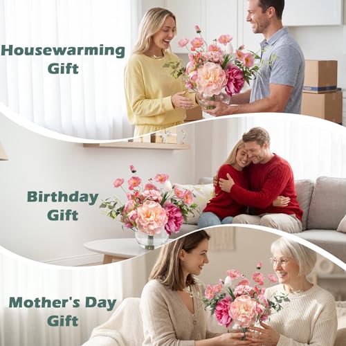 Artificial Flowers in Vase,Realistic Silk Peonies and Tulip Faux Flowers with Faux Water,Perfect for Table Centerpiece,Wedding,Fuchsia Fake Peonies in Vase for Floral Arrangements - color: Mix Peony-fuchsia