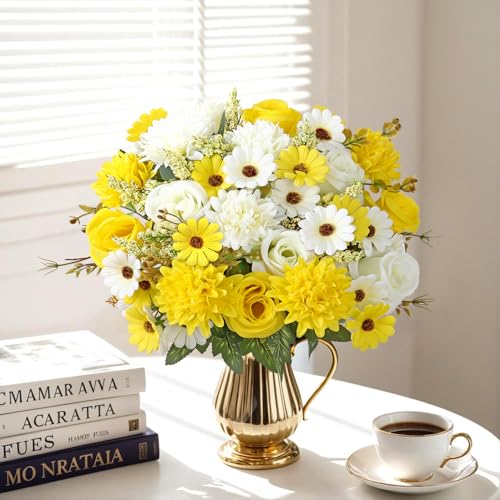 Dremisland Fake Flower Bouquets,2 Packs Silk Rose Daisy Bouquet Artificial Flower Arrangement Realistic Rose Bouquets for Centerpiece Table Wedding Party Bride Home Decor (White Yellow, 2 PCS) - color: White Yellow, size: 2PCS