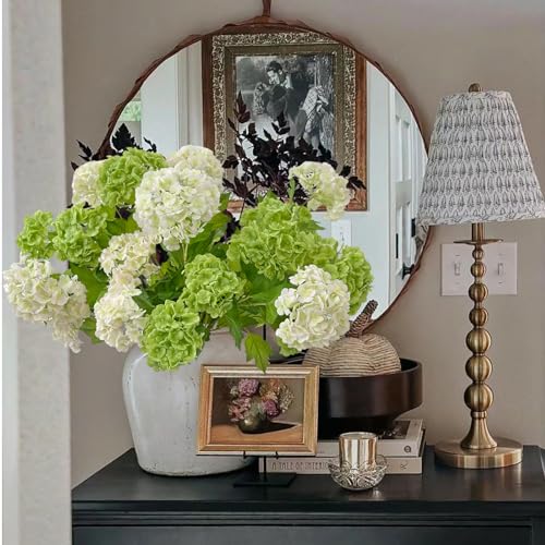 YalzoneMet RUZUQE 4 Pcs Dark Green Artificial Snowball Viburnum Flower 26.8‘’ Small Blooms Hydrangea Real Touch Faux Latex Long Stem Snowball for Spring Home Decoration Table Centerpiece - color: Dark Green