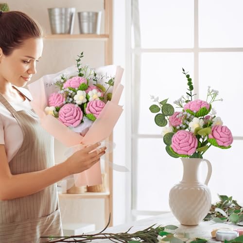 Foyucool Crochet Flowers Bouquet, Handmade Knitted Rose Bouquet with Gift Bag for Home Deocor, Crocheted Finished Flower for Wedding, Mother's Day, Teachers' Day and Valentine's Day, Pink White - color: Pink White