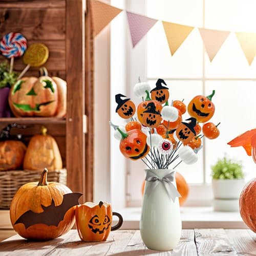 4Pcs Halloween Decorations Indoor - Artificial Pumpkin Branches Stems with Eyeball Fall Floral Stems for Home Indoor Party Arrangement Halloween Centerpieces Decor - color: B