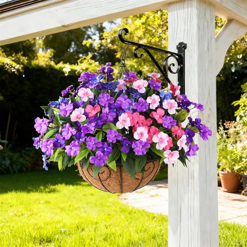 Artificial Impatiens Flowers for Outdoors, 6 Bundles Multicolor Silk Fake Flowers for Spring Summer Decoration, UV Resistant Faux Plants Plastic Bouquet for Home Planter Porch Patio Yard Decor - color: Double-purple,pink,blue