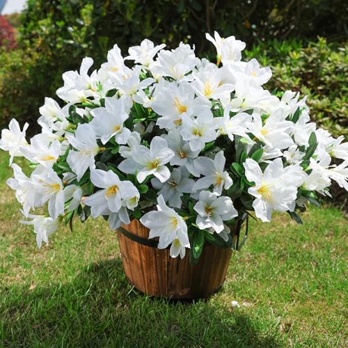 INSPRING Artificial Fake Spring Flowers for Outdoors Decoration, 3 Bundles Faux Azalea Plants Flower Look Real UV Resistant Silk Flowers for Outside Planters Patio Porch Garden Yard Window Home, White - color: White