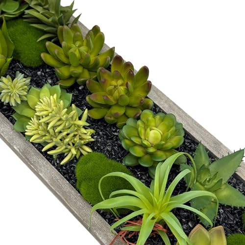 Galt International Faux Assorted Succulent in 31" Wood Tray w/Handles w/Black Rocks | Grey Wood Tray, Artificial Green Moss, Dining Coffee Table Centerpiece (Updated 2026 Packaging) - color: Black Rocks