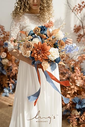 Ling's moment Blue and Orange Wedding Bouquets for Bride, Navy Orange Bridal Bouquets for Bride, 13 Inch Free Form Artificial Wedding Flowers Bouquets - color: Blu-burnt Orange & Navy, size: Small 13 Inch
