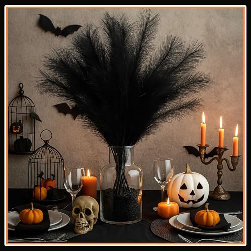 Suncalla 72 Pcs Black Pampas Grass Decor 21.7 Inches Faux Tall Pampas Grass Bulk Artificial Dried Flowers Black Feathers for Vase Filler Home Boho Decor Halloween Wedding Party Gothic Bathroom Wall - color: Black