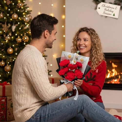 Completed Red Heart Crochet Flowers Bouquet, Handmade Knitted Bouquet for Valentine, Couple, Crochet Artificial Flowers of Rose as Gift for Mother, Friends, Daughter, Home Decor (Red Rose) - style: Red Rose with Heart