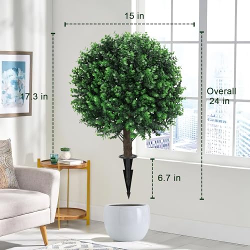 2PCS Faux Boxwood Plants Outdoor Artificial Topiary Ball Trees | Fake Eucalyptus Bush & Shrub / UV Resistant / No Fade / Sturdy Build / No Maintenance / with Spike / Front Porch Decor - color: Eucalyptus