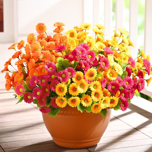Waipfaru Artificial Flowers for Outdoors Faux Plants, UV Resistant Artificial Outdoor Flowers, Silk Daisy Realistic Fake Mums Flower for Front Porch Spring Home Planter Patio Decor, 12 Bundles, Mix - color: Yellow, Orange, Rose Red, size: 12 PCS