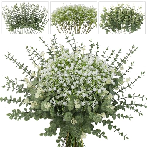 lovemoon 100 Pcs Mixed Greenery Artificial Eucalyptus Stems, Baby Breath Artificial Flowers Bulk and Eucalyptus Leaves for Wedding Bouquets Home Office Floral Decor (100, Green and White) - color: Green and White